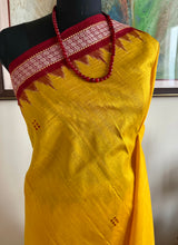 SEBA- YELLOW KHANDUA SILK WITH MAROON TEMPLE BORDER AND AANCHAL