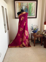 ANARVIKA – NEVER WORN MAGENTA PINK SILK COTTON WITH GOLDEN PEACOCKS