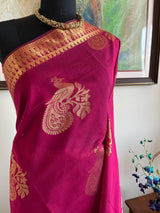 ANARVIKA – NEVER WORN MAGENTA PINK SILK COTTON WITH GOLDEN PEACOCKS