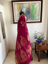 ANARVIKA – NEVER WORN MAGENTA PINK SILK COTTON WITH GOLDEN PEACOCKS