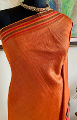 SHIBRITA- TUSSAR LINEN GHICHA BLEND IN RUST WITH COLOURED BANDS