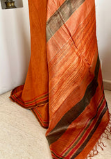 SHIBRITA- TUSSAR LINEN GHICHA BLEND IN RUST WITH COLOURED BANDS