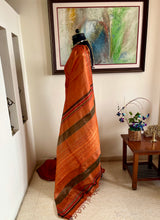 SHIBRITA- TUSSAR LINEN GHICHA BLEND IN RUST WITH COLOURED BANDS