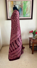 REYKA – BROWN PRINTED SILK SAREE WITH PEACH AND MAUVE FLORALS