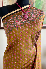 SIMI–OLIVE BROWN HANDLOOM SILK WITH FLORAL PRINTED BORDERS
