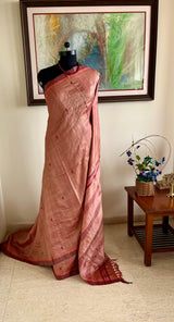MEGHAYANTI- PEACH AND MAROON TUSSAR-GHICHA WITH TEXTURED ELEGANCE AND STRIPED AANCHAL