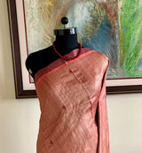 MEGHAYANTI- PEACH AND MAROON TUSSAR-GHICHA WITH TEXTURED ELEGANCE AND STRIPED AANCHAL