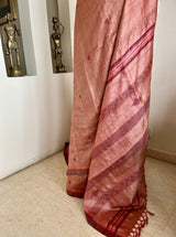 MEGHAYANTI- PEACH AND MAROON TUSSAR-GHICHA WITH TEXTURED ELEGANCE AND STRIPED AANCHAL