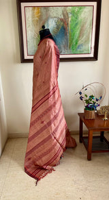 MEGHAYANTI- PEACH AND MAROON TUSSAR-GHICHA WITH TEXTURED ELEGANCE AND STRIPED AANCHAL