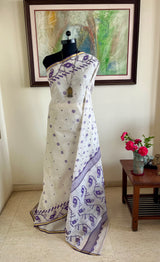 VINISHA – WHITE DHAKAI JAMDANI WITH PURPLE FLORALS AND GOLD BORDER