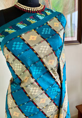 REVIKA- BLUE POCHAMPALLY WITH BOLD CHECKS AND IKAT DETAILS