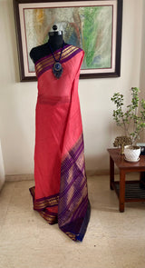MEDHIKA – CORAL PINK GADWAL WITH PURPLE ZARI PAISLEY BORDER