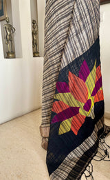 ELAKSHI – GREY BLACK GHICHA TUSSAR WITH JAMdANI FLORAL AANCHAL