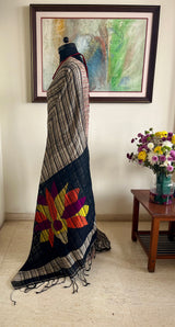 ELAKSHI – GREY BLACK GHICHA TUSSAR WITH JAMdANI FLORAL AANCHAL