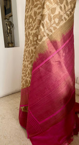 AADHILA - SOFT TONAL FLORALS ON TUSSAR WITH MAGENTA BORDER
