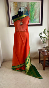 ARU - ORANGE GREEN GADWAL COTTON ZARI PEACOCK SAREE