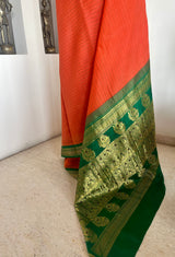 ARU - ORANGE GREEN GADWAL COTTON ZARI PEACOCK SAREE
