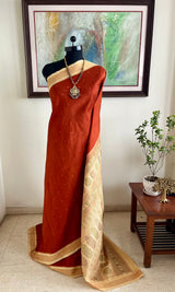 BENIKA- RUST BOMKAI SAREE WITH EXQUISITE CREAM AANCHAL