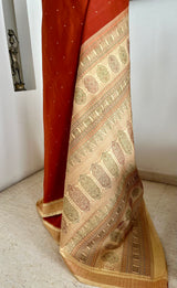 BENIKA- RUST BOMKAI SAREE WITH EXQUISITE CREAM AANCHAL