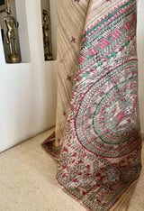 SANJITA- HAND-PAINTED MADHUBANI TUSSAR IN RUST, BLACK, AND GREEN