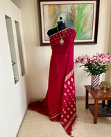 PIYUSHA- RUBY RED MUL COTTON WITH DIAMOND JAMDANI AANCHAL
