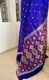 RANIYA – BLUE TANCHOI BANARASI WITH LAYERED FLORAL WEAVES