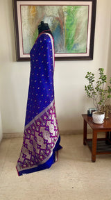 RANIYA – BLUE TANCHOI BANARASI WITH LAYERED FLORAL WEAVES