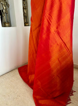 TAPATI- BURNT ORANGE ZARI LINEN SAREE WITH STRIPED AANCHAL
