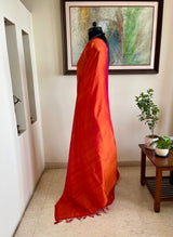 TAPATI- BURNT ORANGE ZARI LINEN SAREE WITH STRIPED AANCHAL