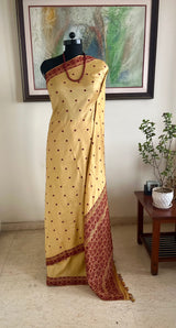 RINIKI — CREAM ASSAM SILK WITH MAROON FLORAL GOS MOTIFS