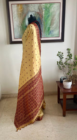 RINIKI — CREAM ASSAM SILK WITH MAROON FLORAL GOS MOTIFS