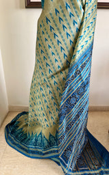 NILOTAMA – LIGHT BEIGE KHANDUA WITH BLUE IKKAT AANCHAL