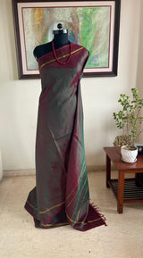 KUHU — SHOT GREEN & MAROON KANJIVARAM SILK WITH ZARI STRIPES