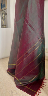 KUHU — SHOT GREEN & MAROON KANJIVARAM SILK WITH ZARI STRIPES