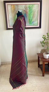 KUHU — SHOT GREEN & MAROON KANJIVARAM SILK WITH ZARI STRIPES
