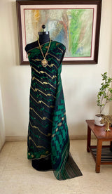 SURANJANA- BLACK JAMdANI SAREE WITH GREEN ZARI MOTIFS