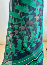 SURANJANA- BLACK JAMdANI SAREE WITH GREEN ZARI MOTIFS