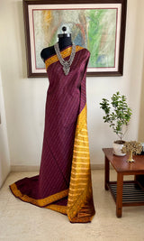 SATYAVENI – CHOCOLATE BROWN POCHAMPALLY WITH OCHRE FLORAL AANCHAL
