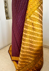 SATYAVENI – CHOCOLATE BROWN POCHAMPALLY WITH OCHRE FLORAL AANCHAL