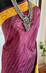 SATYAVENI – CHOCOLATE BROWN POCHAMPALLY WITH OCHRE FLORAL AANCHAL