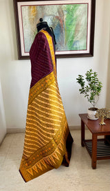 SATYAVENI – CHOCOLATE BROWN POCHAMPALLY WITH OCHRE FLORAL AANCHAL