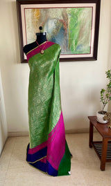 SAANJH- GREEN KATAN BANARASI SAREE WITH PINK PURPLE BORDERS
