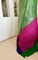 SAANJH- GREEN KATAN BANARASI SAREE WITH PINK PURPLE BORDERS