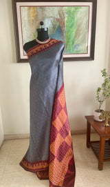 SHLOKA- GREY CONTEMPORARY IKKAT SAREE WITH GEOMETRIC BORDERS