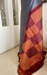 SHLOKA- GREY CONTEMPORARY IKKAT SAREE WITH GEOMETRIC BORDERS