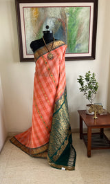 ANUPA- PEACH AND RUST CHECKED GADWAL SAREE WITH REGAL GREEN AANCHAL