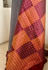 SHLOKA- GREY CONTEMPORARY IKKAT SAREE WITH GEOMETRIC BORDERS