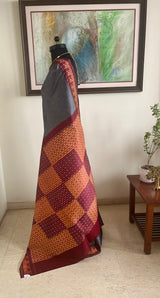 SHLOKA- GREY CONTEMPORARY IKKAT SAREE WITH GEOMETRIC BORDERS