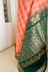 ANUPA- PEACH AND RUST CHECKED GADWAL SAREE WITH REGAL GREEN AANCHAL