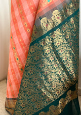 ANUPA- PEACH AND RUST CHECKED GADWAL SAREE WITH REGAL GREEN AANCHAL